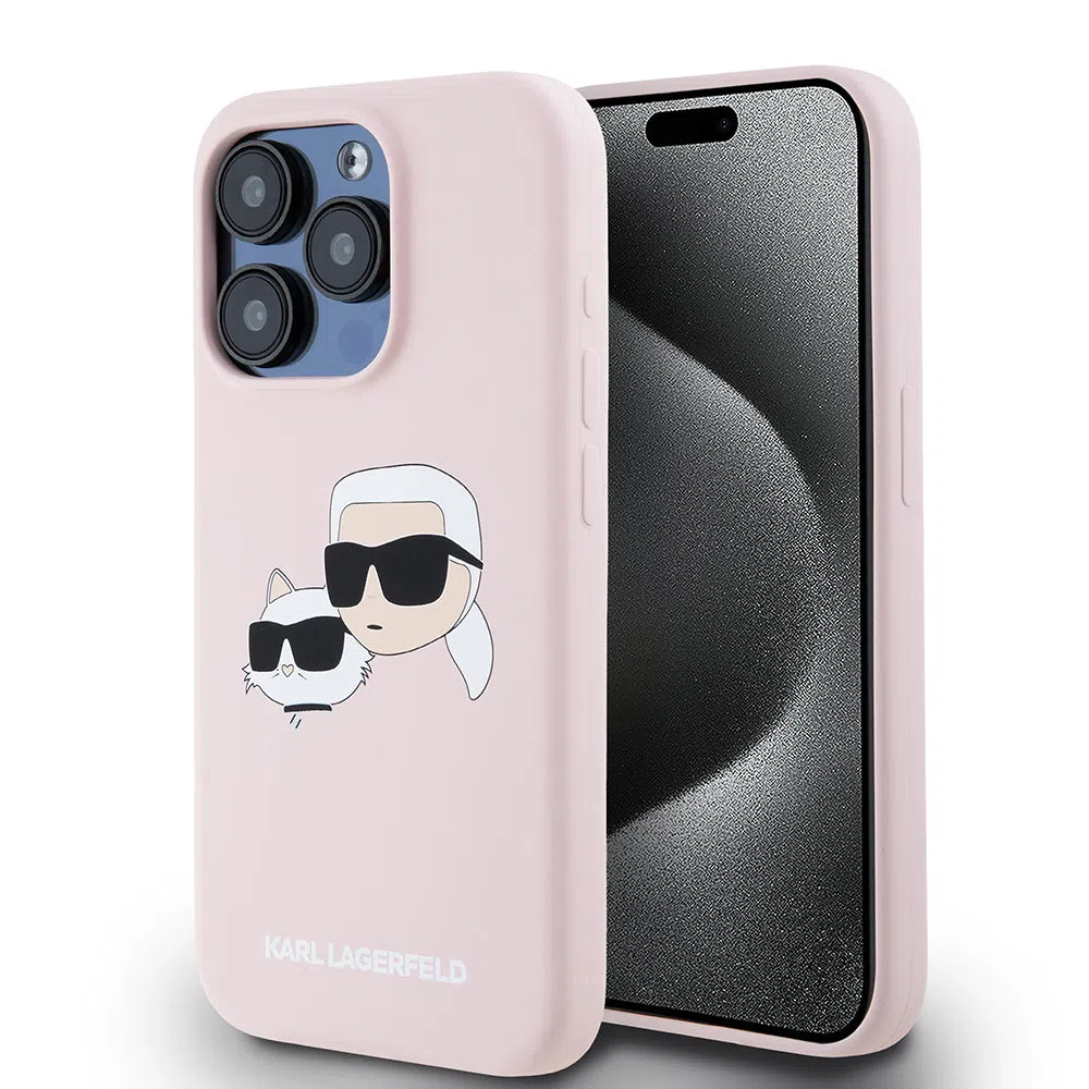 Custodia MagSafe per Apple iPhone 15 Pro, Karl Lagerfeld, Silicone Karl & Choupette's Heads, Rosa — 2