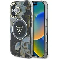 Custodia MagSafe per Apple iPhone 16, Guess, IML Metal Glitter Flowers Triangle, Nera — 3
