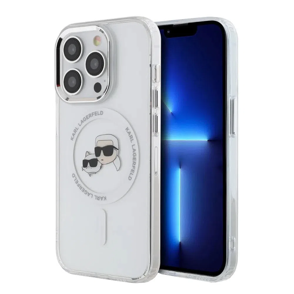 Custodia MagSafe per Apple iPhone 14 Pro, Karl Lagerfeld, IML Metal Karl & Choupette's Heads, Bianca — 2
