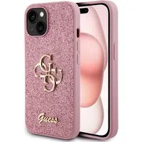 Custodia per Apple iPhone 15, Guess, Glitter Big 4G Script, Rosa — 3