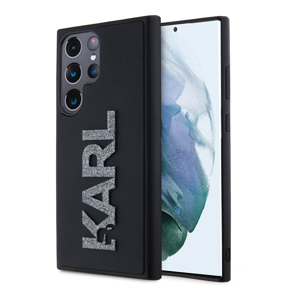 Karl Lagerfeld Custodia per Samsung Galaxy S23 Ultra S918, Karl Lagerfeld, Logo Glitter in Gomma 3D, Nera
