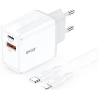 Caricatore da Rete con Cavo Lightning BWOO CDA182, 38W, 3A, 1 x USB-A - 1 x USB-C, Bianco — 3