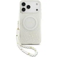 Custodia MagSafe per Apple iPhone 17 Pro Max, Guess, IML Flowers Allover Electroplated with Pearl Strap, Bianca — 3
