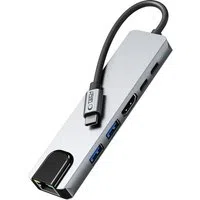 Hub USB-C Tech-Protect HB02, 1 x USB-A 3.0 - 1 x USB-A - 2 x USB-C - 1 x HDMI - 1 x RJ45, Grigio — 3