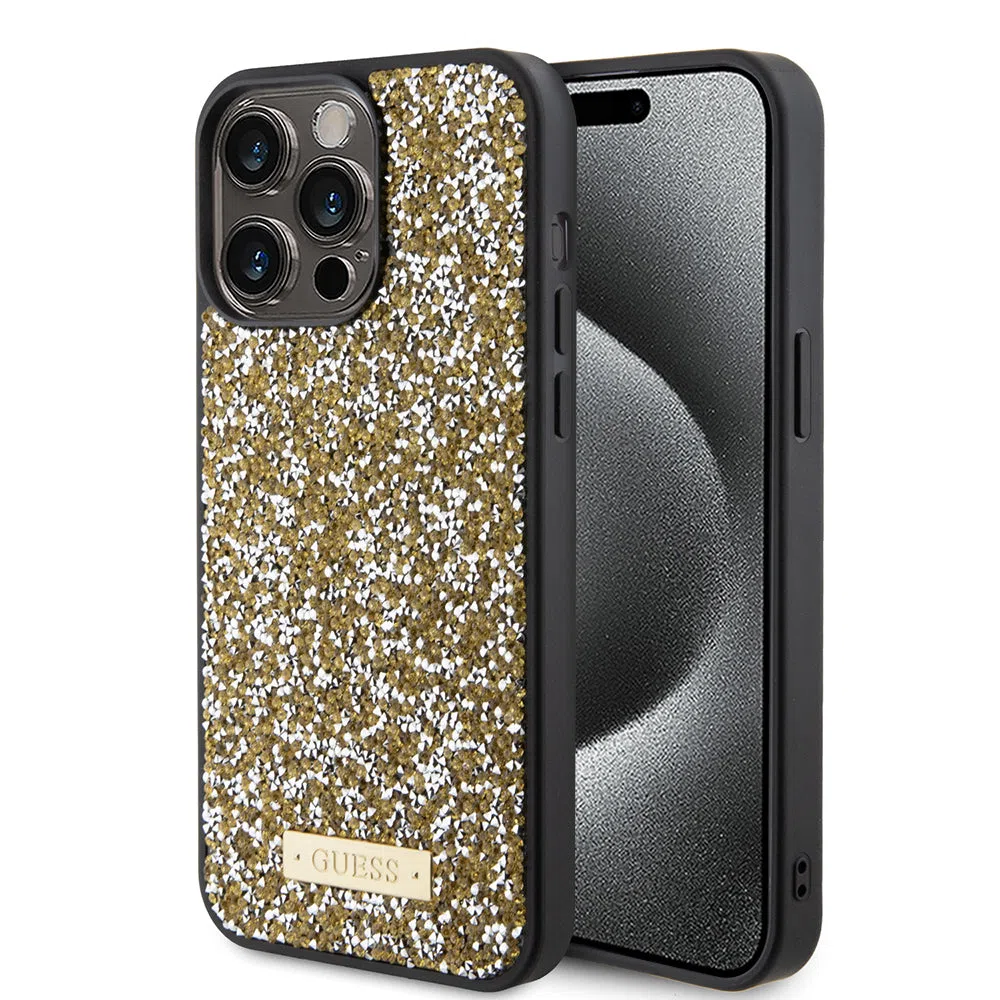 Custodia per Apple iPhone 15 Pro, Guess, Rhinestone Metal Logo, Gialla — 2