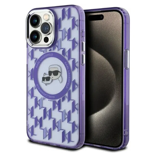 Custodia MagSafe per Apple iPhone 15 Pro Max, Karl Lagerfeld, IML Monogramma Karl & Choupette's Heads, Viola — 2
