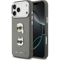 Custodia per Apple iPhone 17 Pro Max, Karl Lagerfeld, Grained Karl & Choupette's Heads Pins and Logo, Grigio — 3
