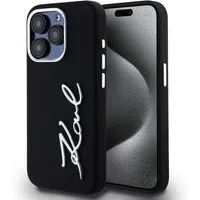 Custodia per Apple iPhone 15 Pro, Karl Lagerfeld, Silicone Metal Script Logo, Nera — 3