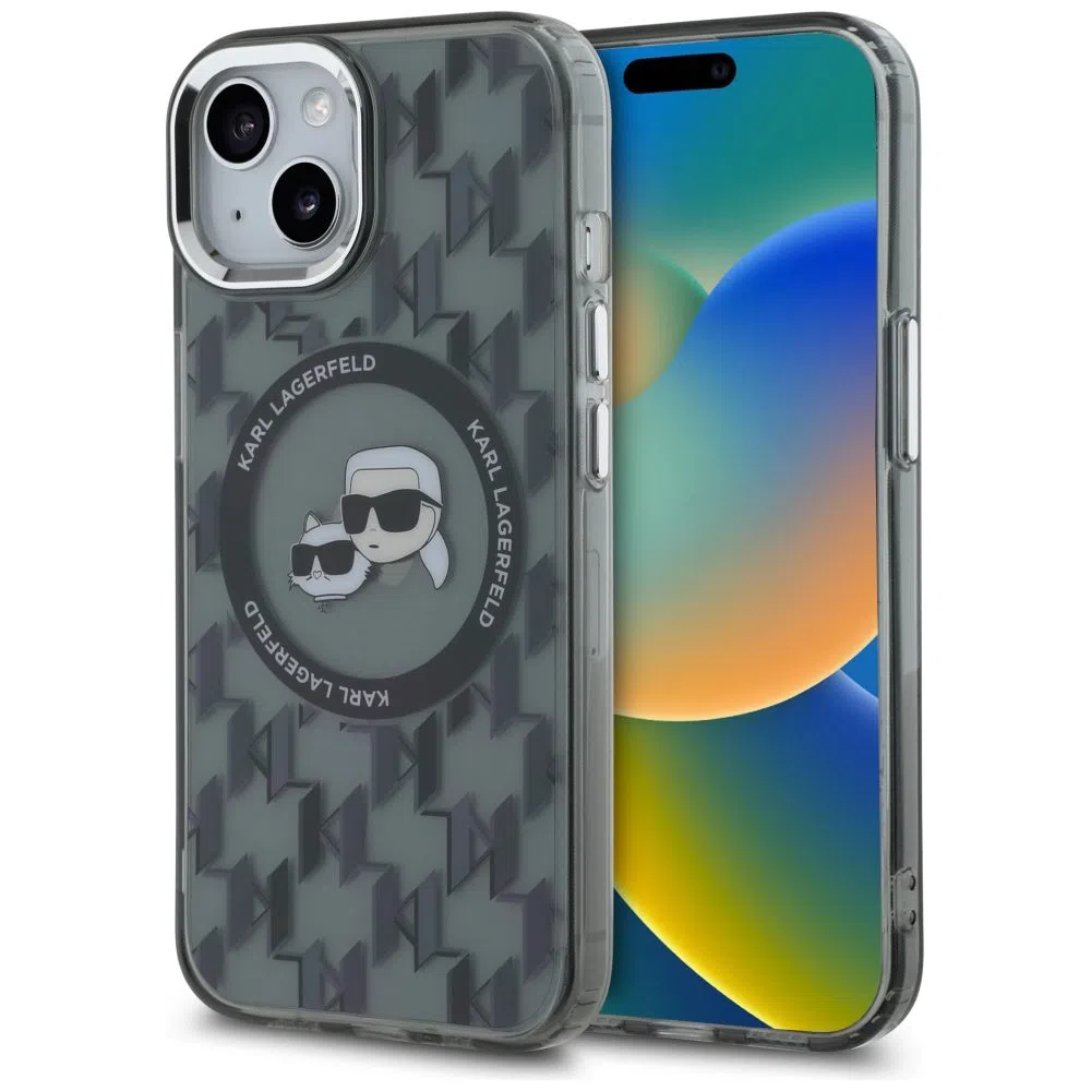 Custodia MagSafe per Apple iPhone 15 Plus, Karl Lagerfeld, IML Monogramma Karl & Choupette's Heads, Nera — 2