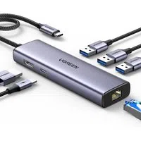 Hub USB-C UGREEN CM512 (15598), 3 x USB-A 3.0 - 1 x USB-C - 1 x HDMI - 1 x RJ45, Grigio — 3