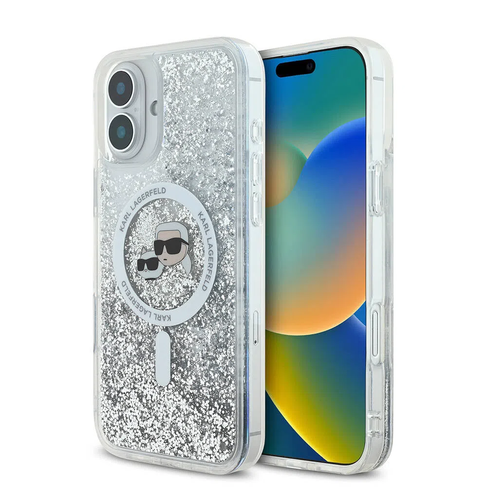 Custodia MagSafe per Apple iPhone 16 Plus, Karl Lagerfeld, Liquid Glitter Karl & Choupette's Heads, Trasparente — 2