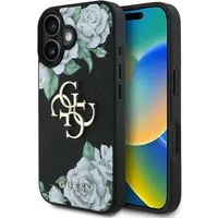 Custodia per Apple iPhone 16, Guess, 4G Grained Roses Big Logo, Nera — 3