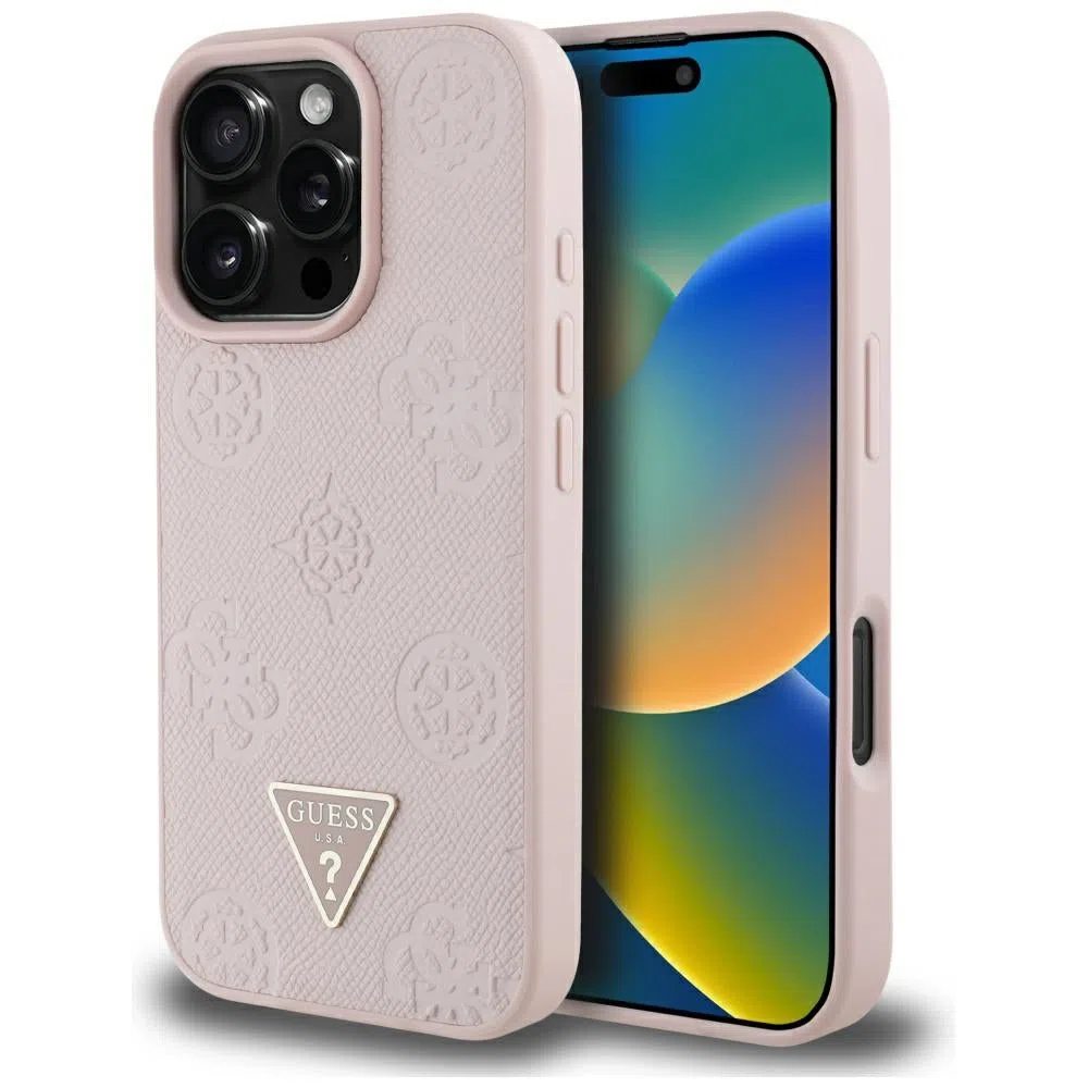 Custodia MagSafe per Apple iPhone 16 Pro Max, Guess, Peony Grained Hot Stamp Triangle, Rosa — 2