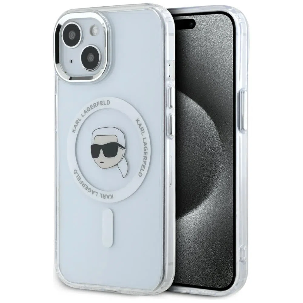 Custodia MagSafe per Apple iPhone 15, Karl Lagerfeld, IML Metal Karl's Head, Bianca — 2