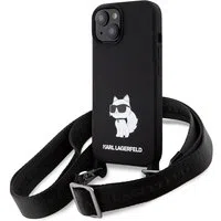 Custodia per Apple iPhone 15, Karl Lagerfeld, Silicone Crossbody Choupette, Nera — 3