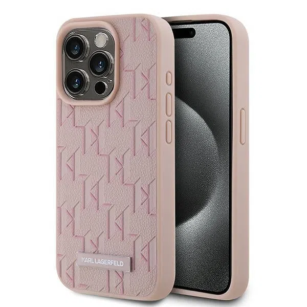Custodia MagSafe per Apple iPhone 15 Pro, Karl Lagerfeld, Monogram Metal Logo, Rosa — 2