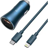 Caricatore Auto Con Cavo Lightning Baseus Golden Contactor, 40W, 3A, 1 x USB-A - 1 x USB-C, Blu Navy TZCCJD-03 — 3