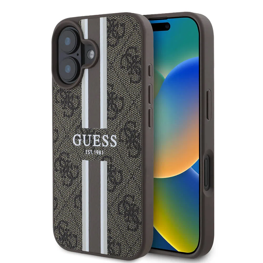 Custodia MagSafe per Apple iPhone 16 Plus, Guess, 4G Printed Stripes, Marrone — 2