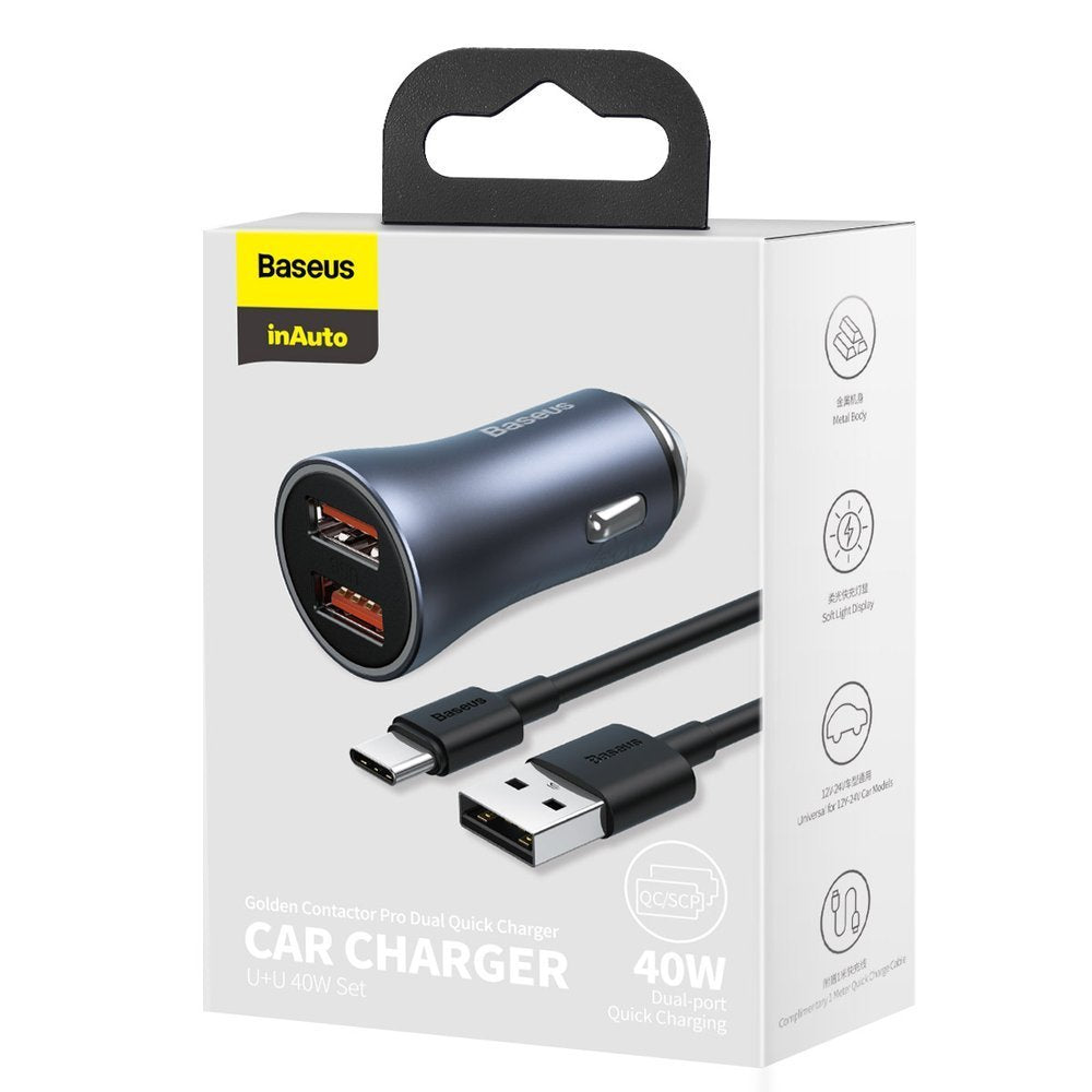 Caricatore Auto con Cavo USB-C Baseus Golden Contactor Pro Dual, 40W, 3A, 2 x USB-A, Grigio TZCCJD-A0G