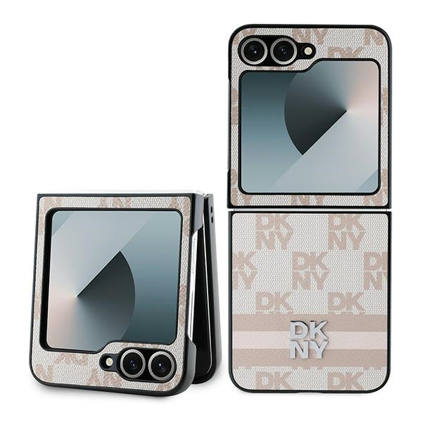 DKNY Custodia per Samsung Galaxy Z Flip7 FE F761 / Z Flip6 F741, DKNY, Motivo a Strisce Stampate a Scacchi, Rosa