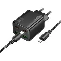 Caricabatterie da Rete con Cavo Lightning HOCO N55, 20W, 3A, 2 x USB-A - 2 x USB-C, Nero — 3