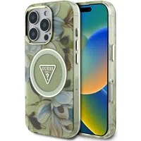Custodia MagSafe per Apple iPhone 16 Pro, Guess, IML Metal Glitter Flowers Triangle, Verde — 3