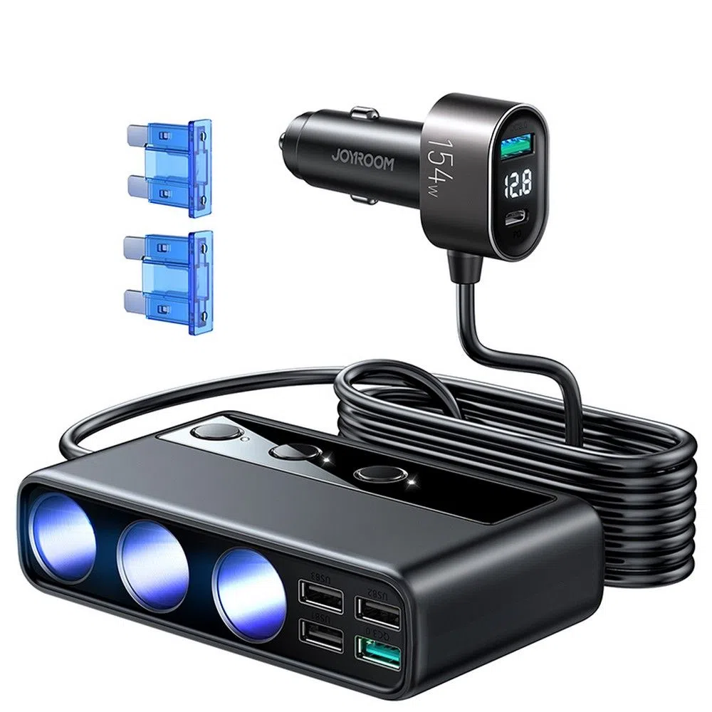 Caricabatterie Auto Joyroom JR-CL06, 154W, 3A, 4 x USB-A - 1 x USB-C - 4 x Estensione Accendisigari, Nero JYR058BLK — 2