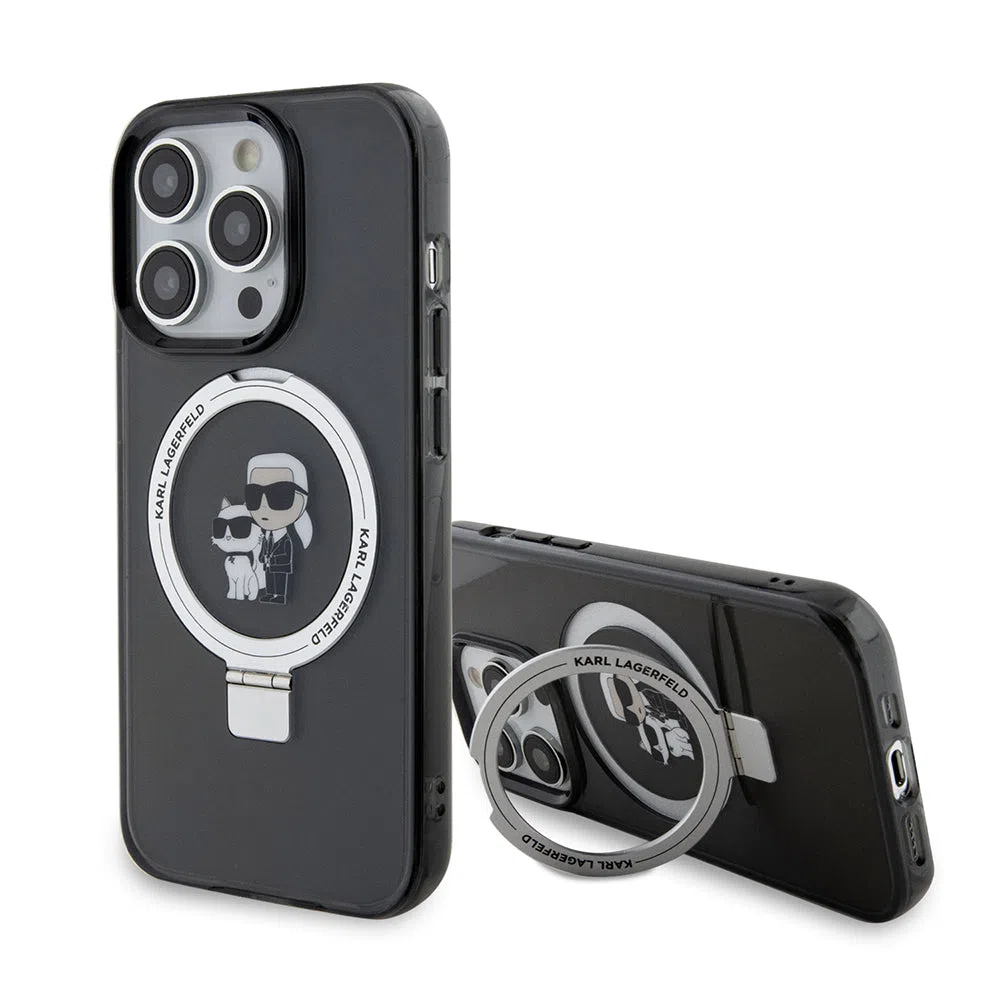 Custodia MagSafe per Apple iPhone 15 Pro, Karl Lagerfeld, Ring Stand Karl & Choupette, Nera