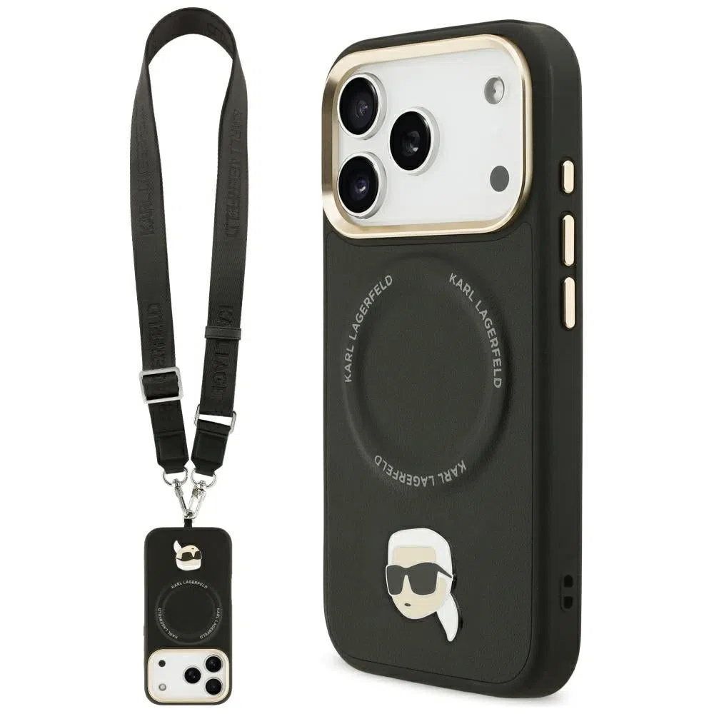 Custodia MagSafe per Apple iPhone 17 Pro, Karl Lagerfeld, Big Strap Karl Metal Logo, Nera — 2
