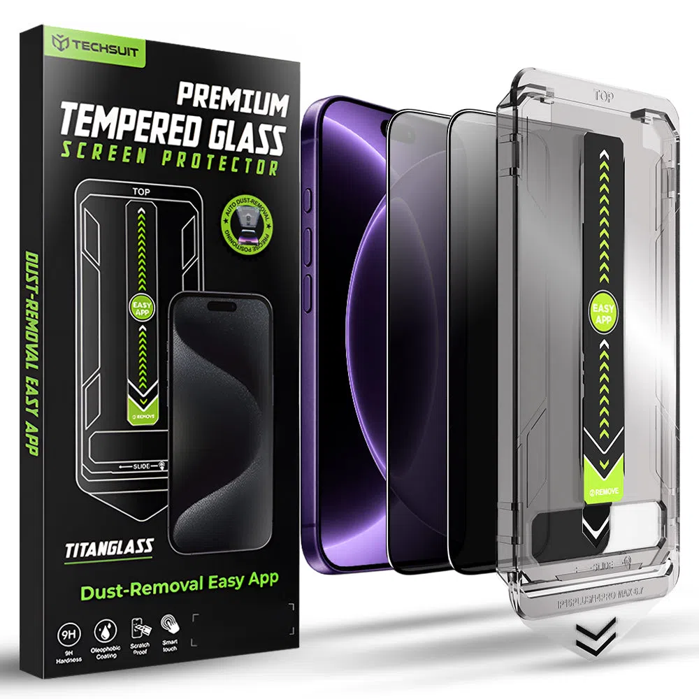 Pellicola protettiva per schermo Privacy Techsuit TitanGlass per Apple iPhone 18 Pro, Vetro temperato, Full Glue, Set da 2 pezzi — 2