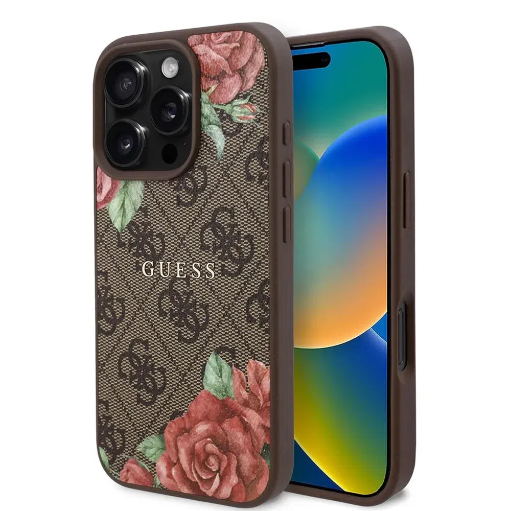 Custodia MagSafe per Apple iPhone 16 Pro Max, Guess, 4G Flowers Print, Marrone — 2