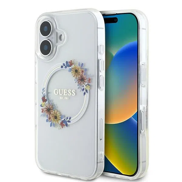 Custodia MagSafe per Apple iPhone 16 Plus, Guess, IML Flowers Wreath, Trasparente — 2