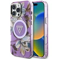 Custodia MagSafe per Apple iPhone 16 Pro Max, Guess, IML Metal Glitter Flowers Triangle, Viola — 3