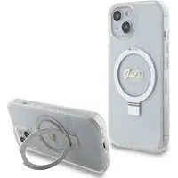 Custodia MagSafe per Apple iPhone 15, Guess, Ring Stand Script Glitter, Trasparente — 3
