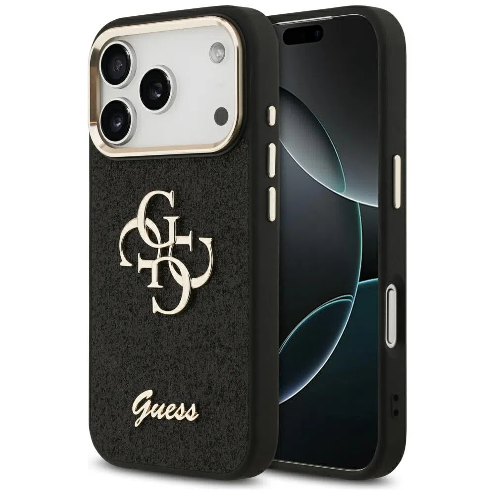 Custodia per Apple iPhone 17 Pro, Guess, Fixed Glitter Big 4G Metal Frame, Nera — 2