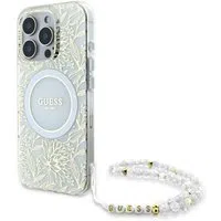 Custodia MagSafe per Apple iPhone 16 Pro, Guess, IML Flowers Allover Electroplated with Pearl Strap, Bianca — 3