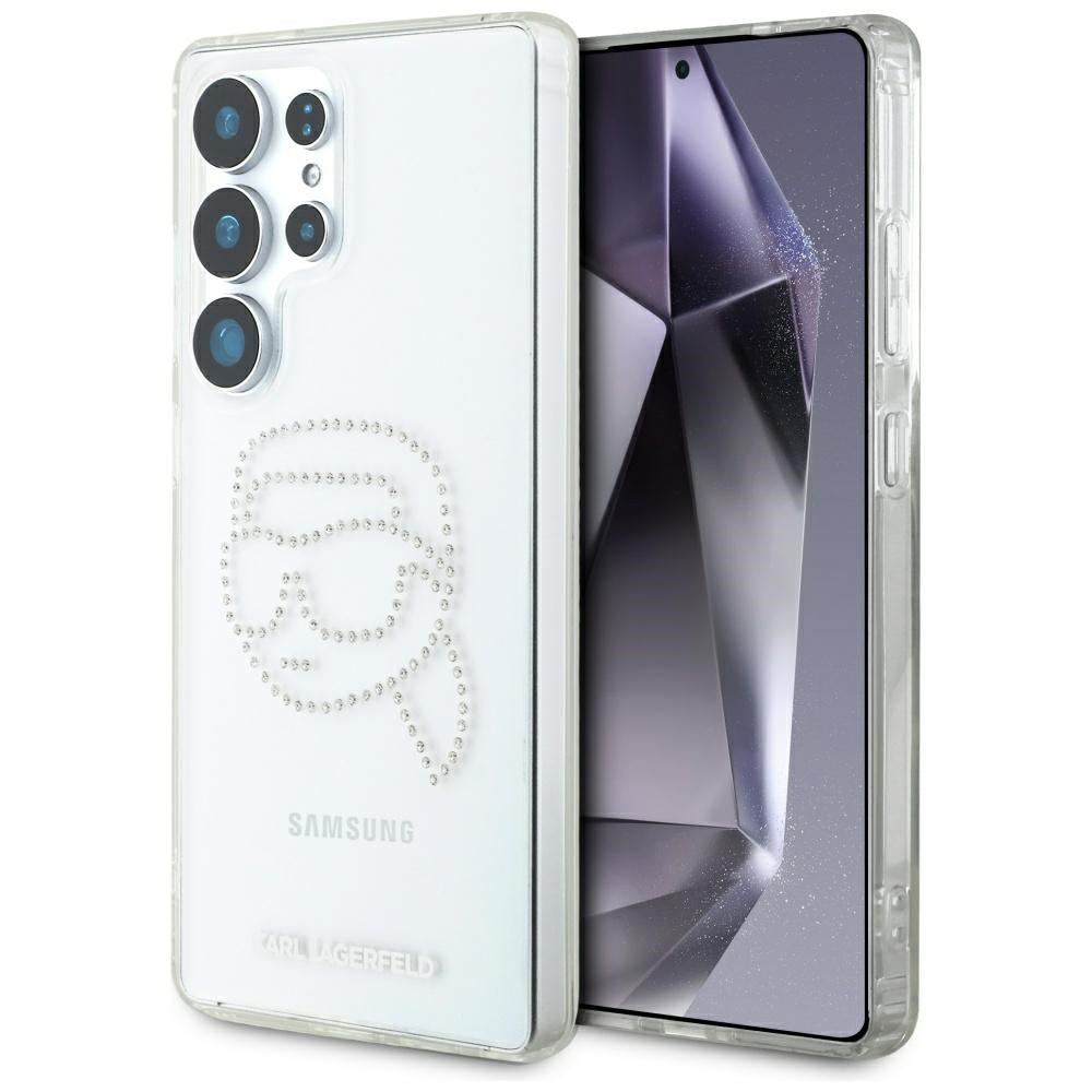 Karl Lagerfeld Custodia per Samsung Galaxy S25 Ultra S938, Karl Lagerfeld, IML Rhinestones Karl's Head, Trasparente