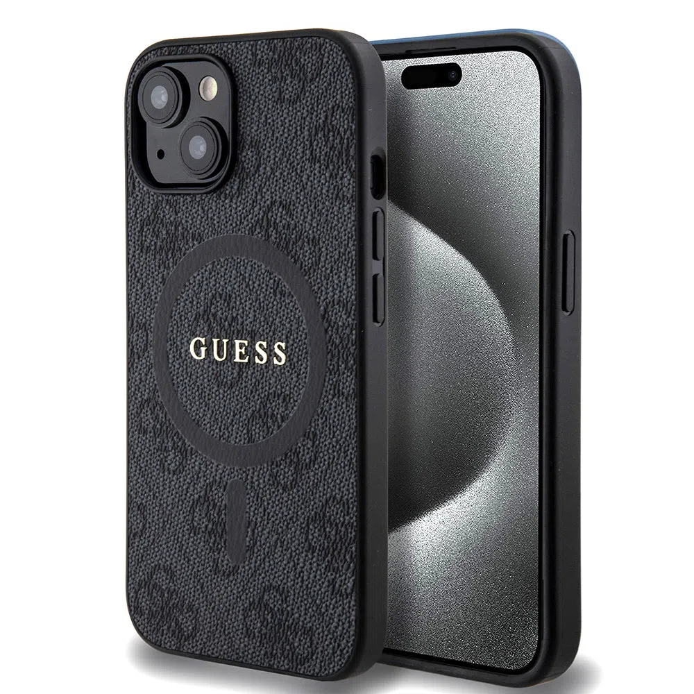Custodia MagSafe per Apple iPhone 15, Guess, 4G Ring Classic Logo, Nera — 2