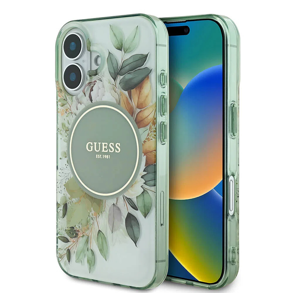 Custodia MagSafe per Apple iPhone 16, Guess, IML Flower & Tonal Circle, Verde — 2