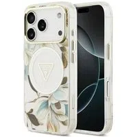 Custodia MagSafe per Apple iPhone 17 Pro, Guess, IML Metal Glitter Flowers Triangle, Bianca — 3