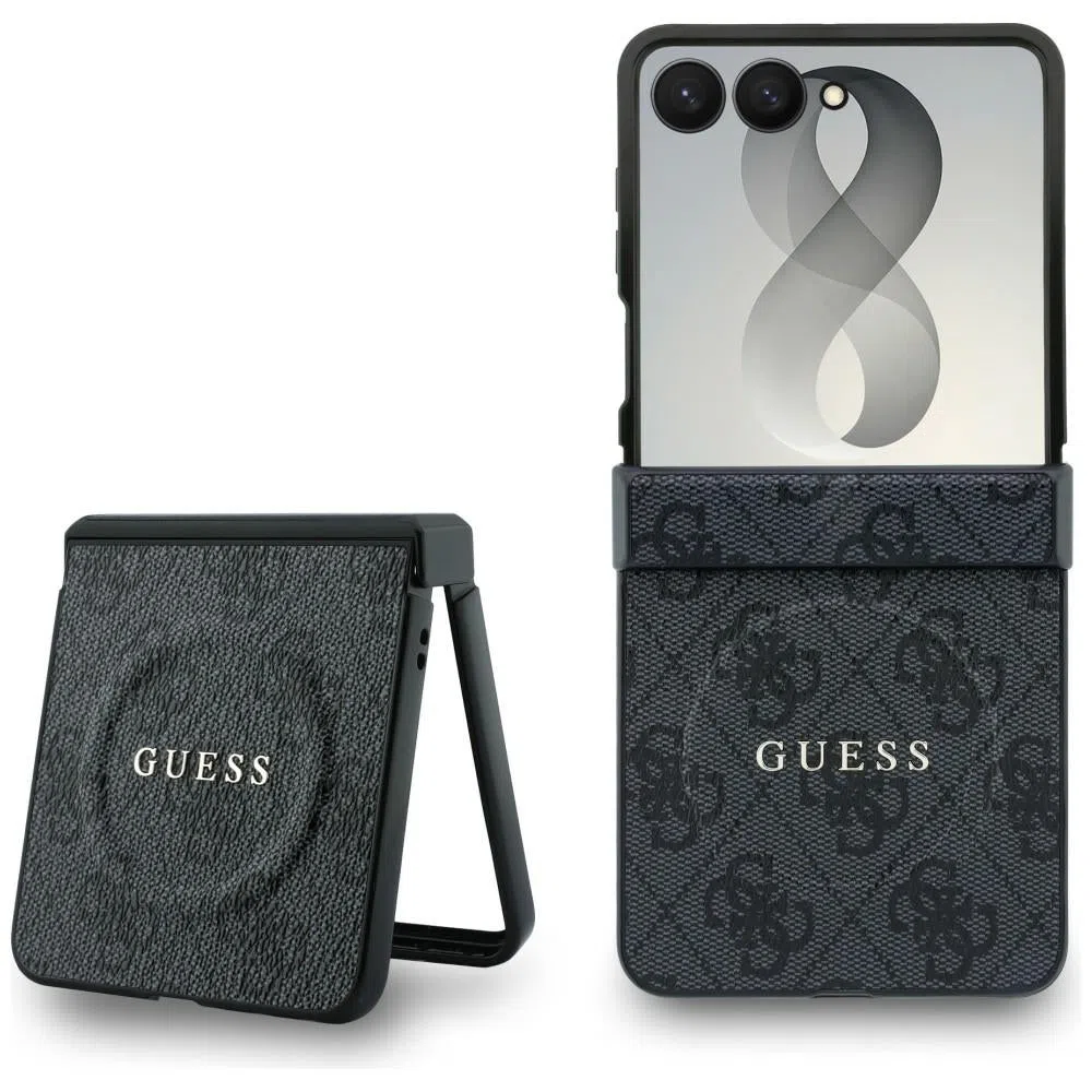 Custodia MagSafe per Samsung Galaxy Z Flip8 F776, Guess, 4G Leather Classic, Nera — 2