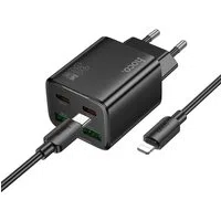 Caricabatterie da Rete con Cavo Lightning HOCO N56, 30W, 3A, 2 x USB-A - 2 x USB-C, Nero — 3