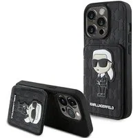 Custodia per Apple iPhone 15 Pro Max, Karl Lagerfeld, Saffiano Cardslots and Stand Monogram Ikonik Karl, Nera — 3