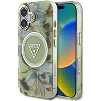 Custodia MagSafe per Apple iPhone 16, Guess, IML Metal Glitter Flowers Triangle, Verde — 3