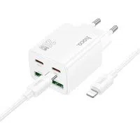 Caricabatterie da Rete con Cavo Lightning HOCO N55, 20W, 3A, 2 x USB-A - 2 x USB-C, Bianco — 3