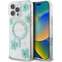 Custodia MagSafe per Apple iPhone 16 Pro Max, Guess, Resin Flowers and Glitter, Turchese — 3