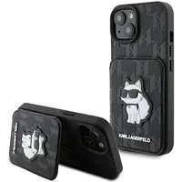 Custodia per Apple iPhone 15, Karl Lagerfeld, Saffiano Cardslots and Stand Monogram Choupette, Nera — 3