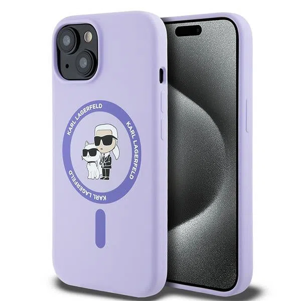 Custodia MagSafe per Apple iPhone 15, Karl Lagerfeld, Silicone Ring Karl & Choupette, Viola — 2