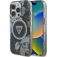 Custodia MagSafe per Apple iPhone 16 Pro, Guess, IML Metal Glitter Flowers Triangle, Nera — 3