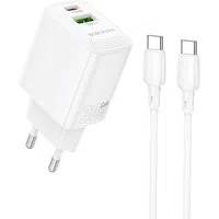Caricabatterie Rete Con Cavo USB-C Borofone BN29 Fuente, 30W, 3A, 1 x USB-A - 1 x USB-C, Bianco — 3